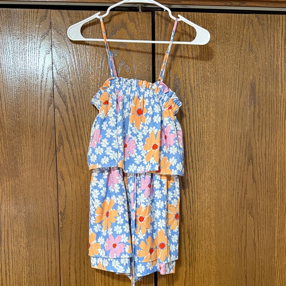 Pink Lily Blue Floral Tiered Spaghetti-Strap Romper